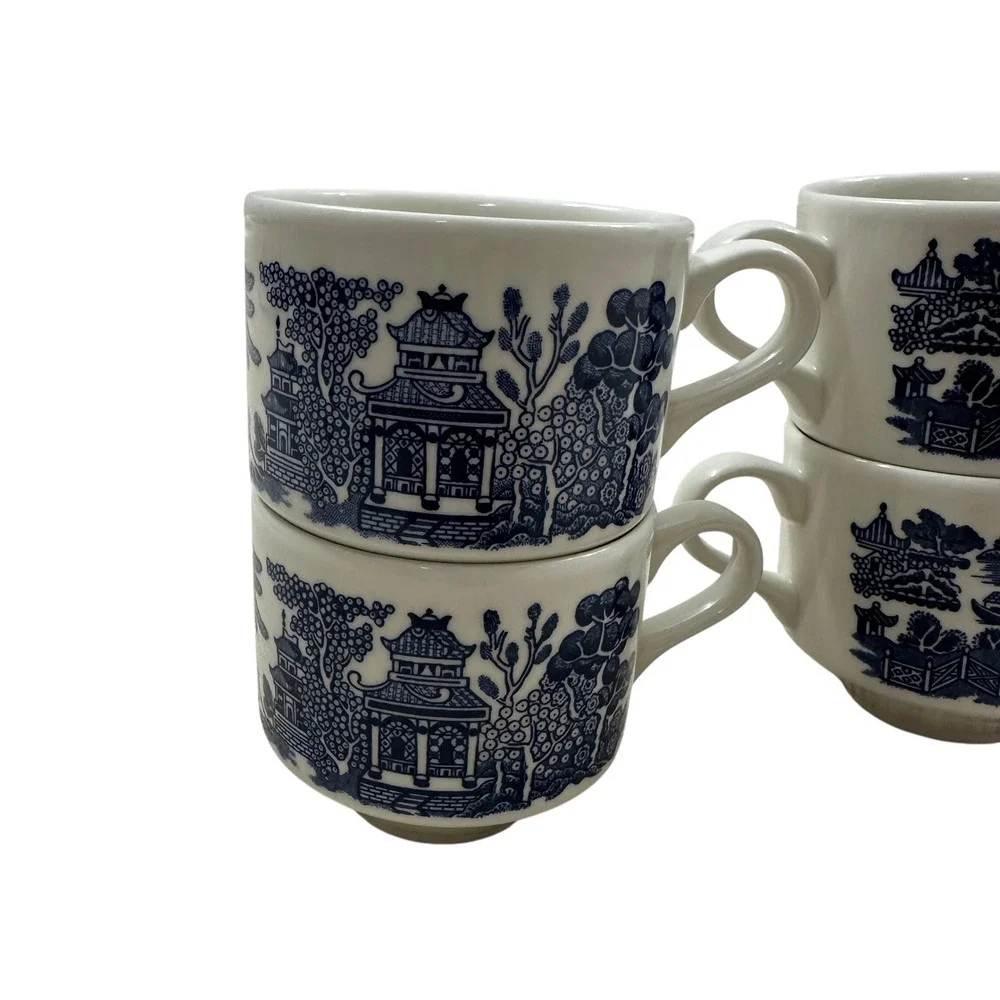 Vintage Blue Willow Tea Cups Set of 4‎ Made in England Blue White Chinoiserie